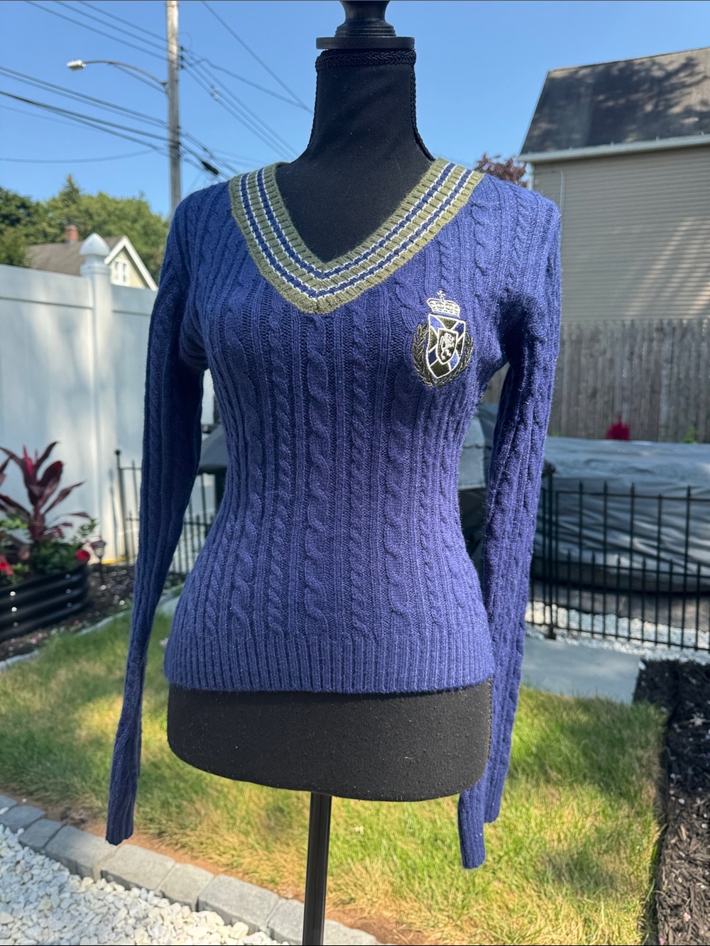 Sugar thrillz Navy Cable-Knit V-Neck Sweater with Olive and Cream Trim